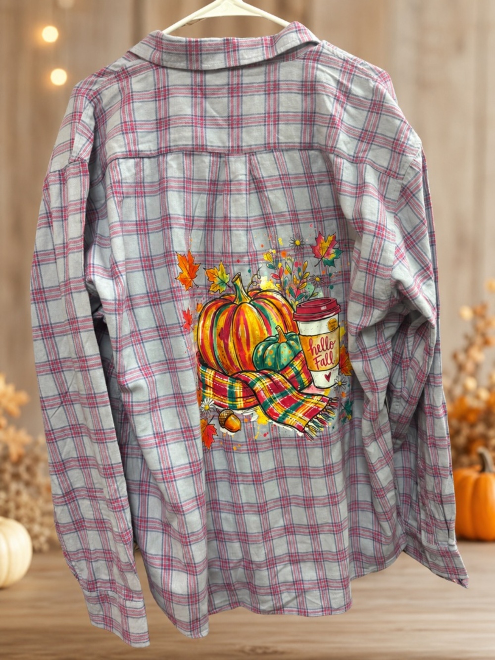 Hello Fall Pumpkin Plaid Button-Down Shirt – Size 2XL